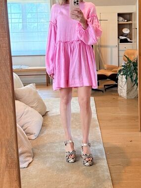 Pink Mini Babydoll Dress - Lightweight Long-Sleeve